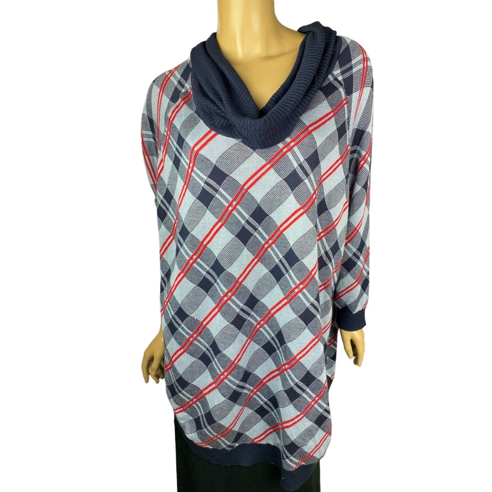 Kim Rogers Tunic Cowl Neck Sweater Size XL Plaid  Blue & Red 3/4 Sleeve Rayon